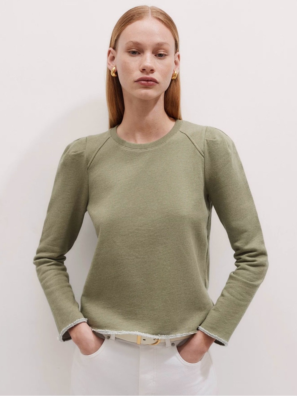 ME+EM Feminine Sweatshirt Bright Olive Puff Shoulder Raw Edge US 8 Minimalist